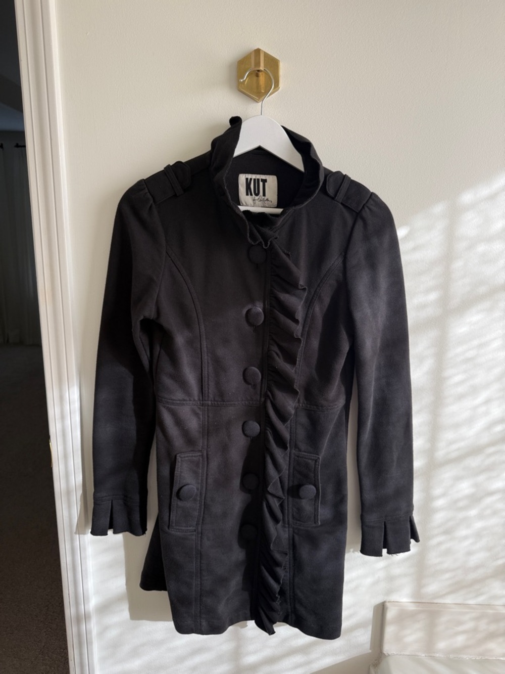 Kut from the Kloth Black Ruffle-Front Trench Coat